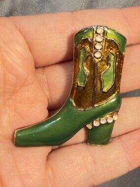 Cowboy Boot Vintage Brooch Green Enamel Western Rhinestone Gold Tone